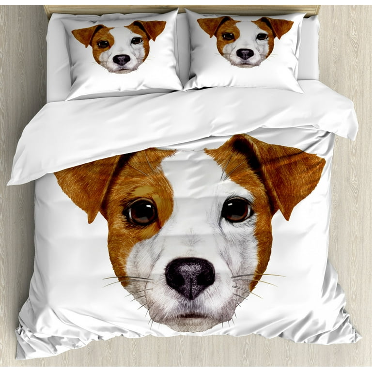 Jack Russell Duvet Cover Set King Size Detailed Portrait of Hand Drawn Dog Animal Lover Puppy Decorative 3 Piece Bedding Set with 2 Pillow Shams Brown White and Charcoal Grey by Ambesonne