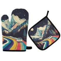 Yayeee Oven Mitts and Pot Holder Set of 4 Heat Resistant Kitchen Gloves Baking Hot Pad, Evening Mountain Road