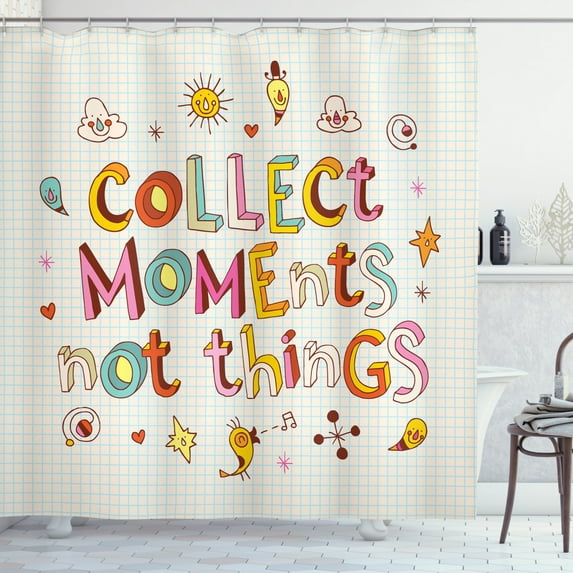 Saying Shower Curtain, Colorful Illustration of Lettering with Happy Birds Sun Clouds Spirals Hearts, Fabric Bathroom Set with Hooks, 69W X 84L Inches Extra Long, Multicolor, by Ambesonne
