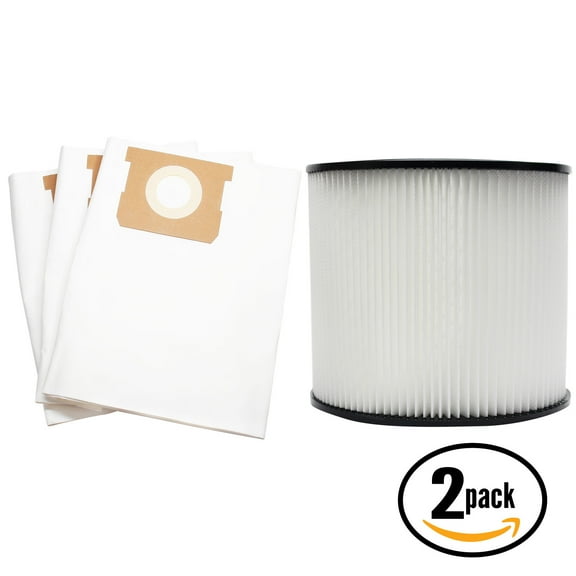 6 Replacement Shop-Vac Quiet 596-08-00 Vacuum Bags & 2 Cartridge Filter - Compatible Shop-Vac 90661 Bags & 90304 Filter