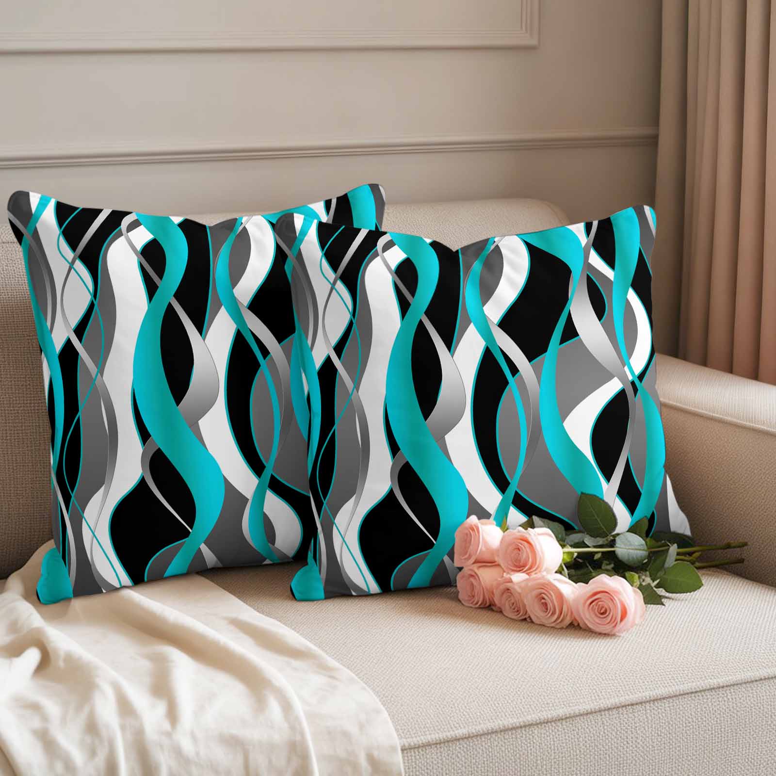 Aqua Stripe Outdoor Waterproof Pillow Covers, Ombre Grey Moire Geometric Modern Abstract Decorative Square Throw Pillowcase Sofa Cushion Sham for Patio/Couch/Chair, 26"x26" 2 Pack