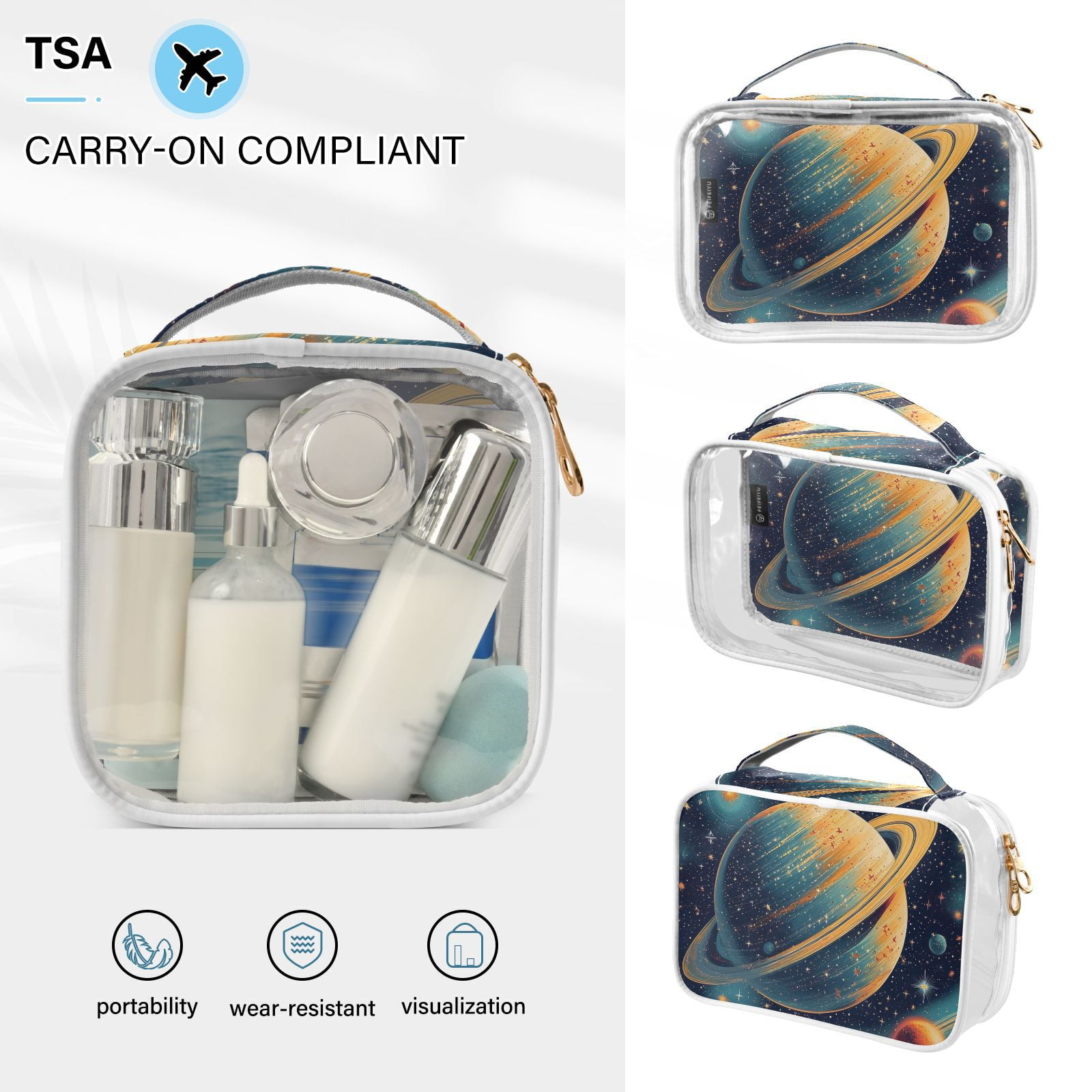 Clear Makeup Bags with Handle Large Opening 2 Pack Set Toiletry Bag Quart Size Bag, for Women Man Traveling Travel Essentials, Toiletries and Other. Planet