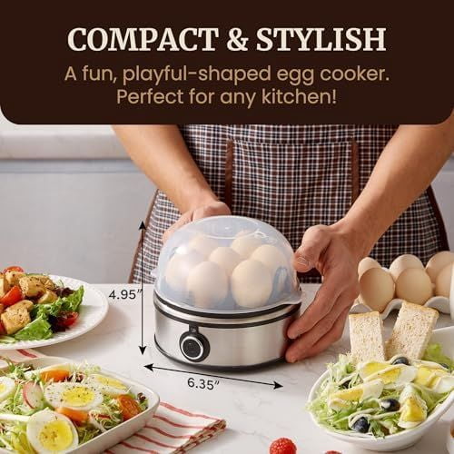 EGC855SS Easy Egg Cooker, 7-Egg Capacity, Soft, Medium, Hard-Boiled, Omelets, Poached Eggs, Plays Melody when Done, Auto Shut-Off, Measuring Cup, Stainless Steel