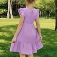 thumbnail image 3 of FAHXNVB Girls Crewneck Long Dress Solid Color Flutter Sleeve Ruffle Hem A-Line Swing Casual Dresses Summer Fashion Princess Dress 3-13 Years, 3 of 7