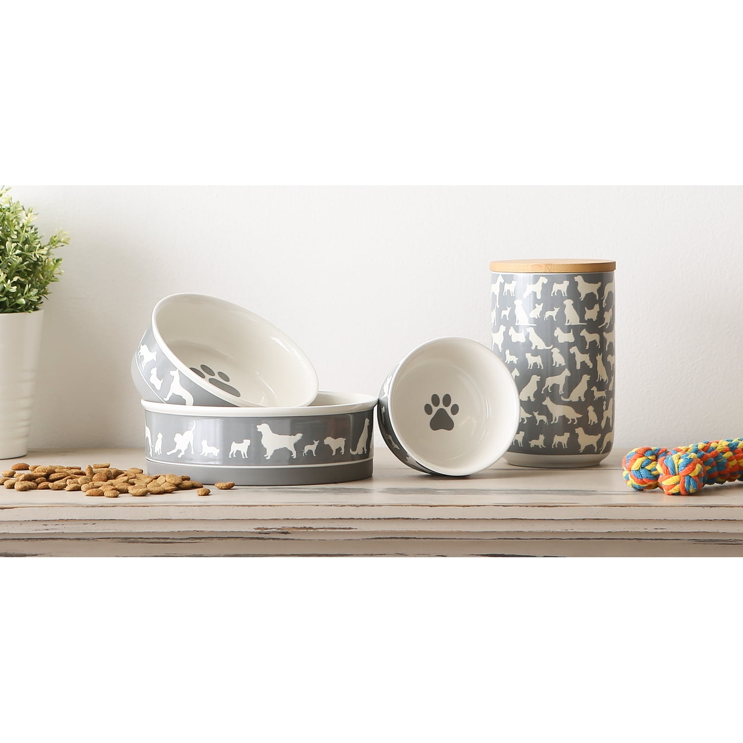 Bone Dry Ceramic Dog Bowl Set, Microwave & Dishwasher Safe, Small, 4.25x2", Gray, 2 Count