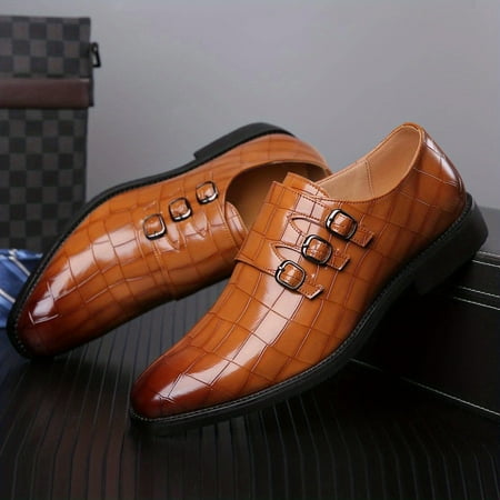 

TUOBKE Trendy Outdoor Plaid Print Slip On Buckle Smart Casual Dress Shoes