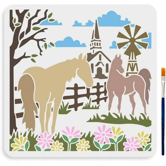 Field Horse Stencil 11.8×11.8inch Large Farmhouse Horse Stencils with Paint Brush Reusable Village Animal Windmill Wildflower Drawing Template