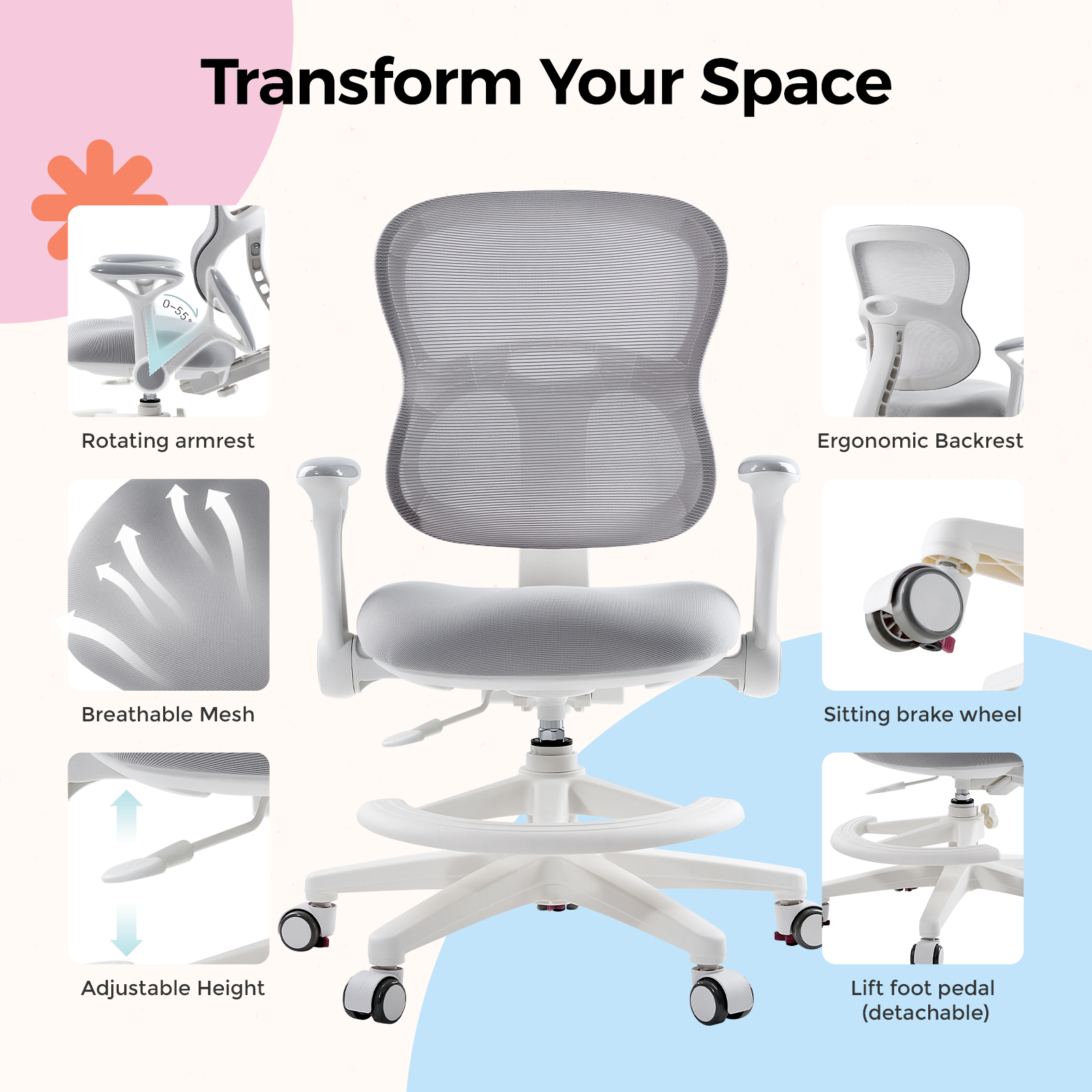 Kids Study Desk Chair, Ergonomic Adjustable Height Children's Study Chair, Swivel Mesh Desk Chair with Wheels, Home Office Chair for Children in Home Bedroom-Includes 2 Free Chair Covers