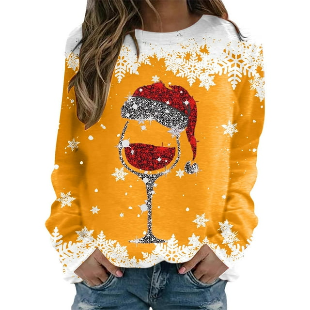 WEAIXIMIUNG Sweatshirts Grande Taille pour Femmes Mode Hiver Décontracté Rouge Verre Flocon de Neige Imprimé de Noël Col Rond Manches Longues Sweat à Capuche