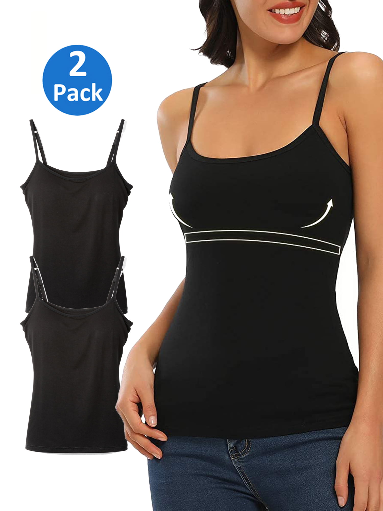 Active USA Womens 2 Pack Long Cami w/Built in Bra