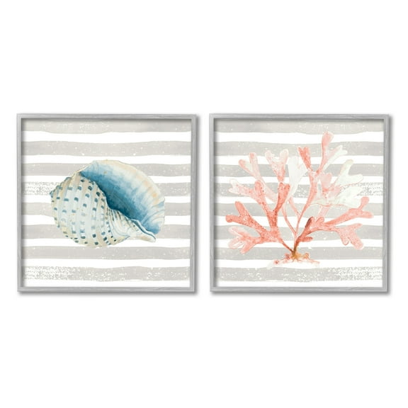 Stupell Indtries Nautical Curved Shell Pink Coral Distressed Beige Stripes,24 x 24,Design by Patricia Pinto