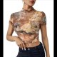 thumbnail image 1 of Top Corto de con Estampado para Mujer, Corta, Cuello Alto, Ajustado, con Ribete en Forma de Lechuga, Transparente, para Salir Ámbar L, 1 of 9