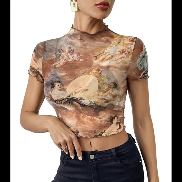 Top Corto de con Estampado para Mujer, Corta, Cuello Alto, Ajustado, con Ribete en Forma de Lechuga, Transparente, para Salir Ámbar L
