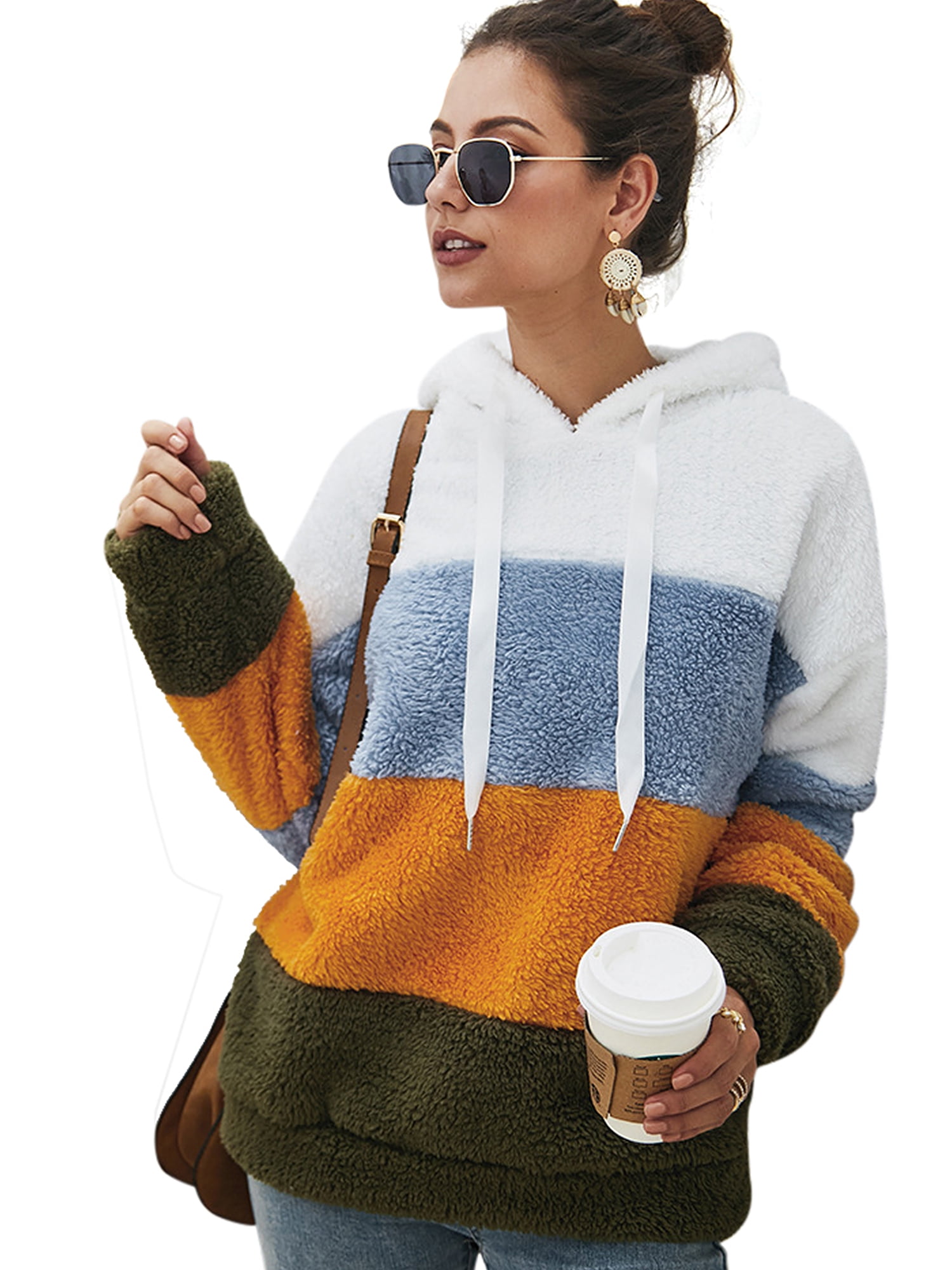 Womens Fuzzy Casual Long Sleeve Loose Oversized Sweatshirt Hooded Sherpa Pullover Outwear Coat