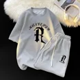 thumbnail image 3 of Conjunto de dos piezas deportivo de gran tamaño de estilo universitario japonés y coreano para hombre y niño, camiseta holgada informal de manga corta y pantalones cortos, 3 of 5