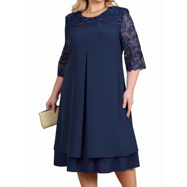 Vestido de con Bordado Floral y 1/2 para Invitada de Boda, Talla Grande, para Mujer. Azul Marino 1XL