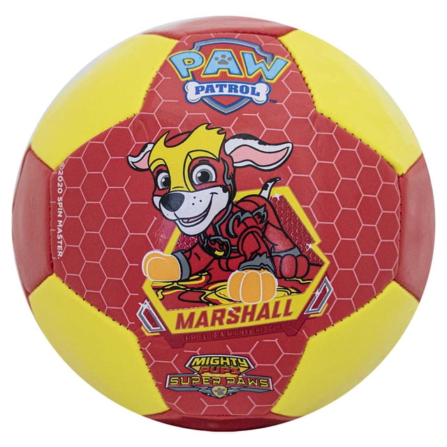 voit balón de fútbol infantil paw patrol, pelota marshall amarillo y rojo, suave para niños, regalo para niños balón no. 3 Balón No. 3, vista frontal centrada; paneles rojos y amarillos con ilustración de Marshall sobre patrón hexagonal y logo Paw Patrol en la parte superior. Superficie de PVC suave con costuras visibles, recomendado para menores de 11 años. También es adecuado para juegos recreativos y práctica ligera.