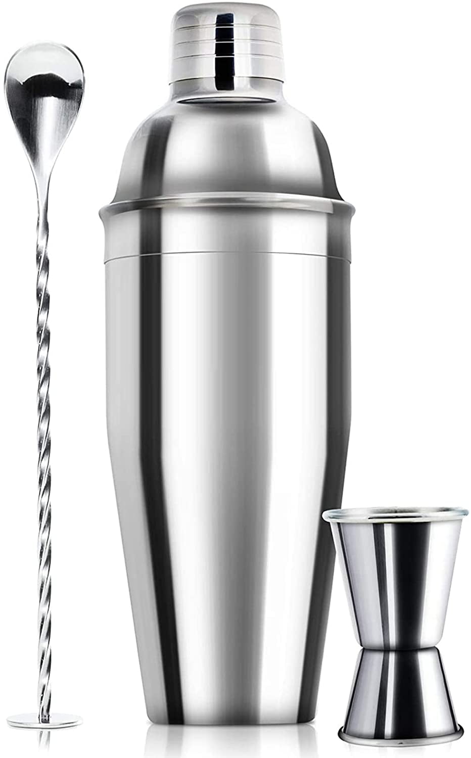 Cobbler Style Cocktail Shaker Set with Jigger in Stainless Steel; Home or Bar Bartender Kit with 24oz Shaker Cup and Cocktail Strainer; Professional Grade Bar Accessories Drink Mixer 
