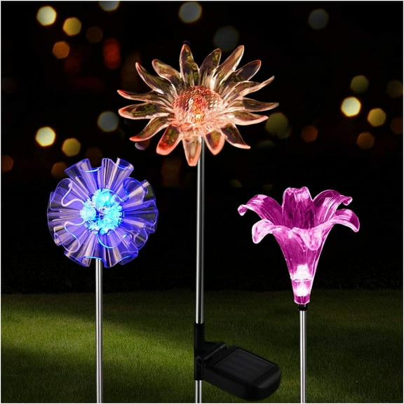 Outdoor Solar Garden Stake Lights 3 Pack- Color Changing LED Stake Lamp In-ground Landscaping Lights for Garden Patio Yard Lawn Pathway Flower Bed Decorations Figurine Lily Sun Flower and Dandelion