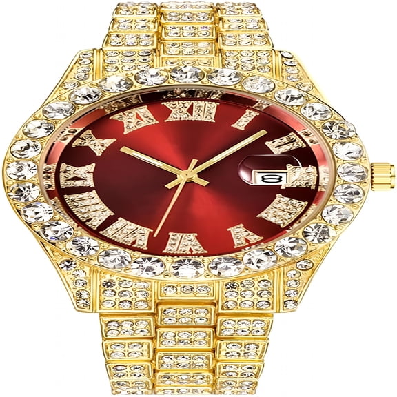 DESIGNICE Men's Diamond Watch Fashion Crystal Rhinestone Quartz Analog Watch Iced-Out Bracelet Wrist Watch