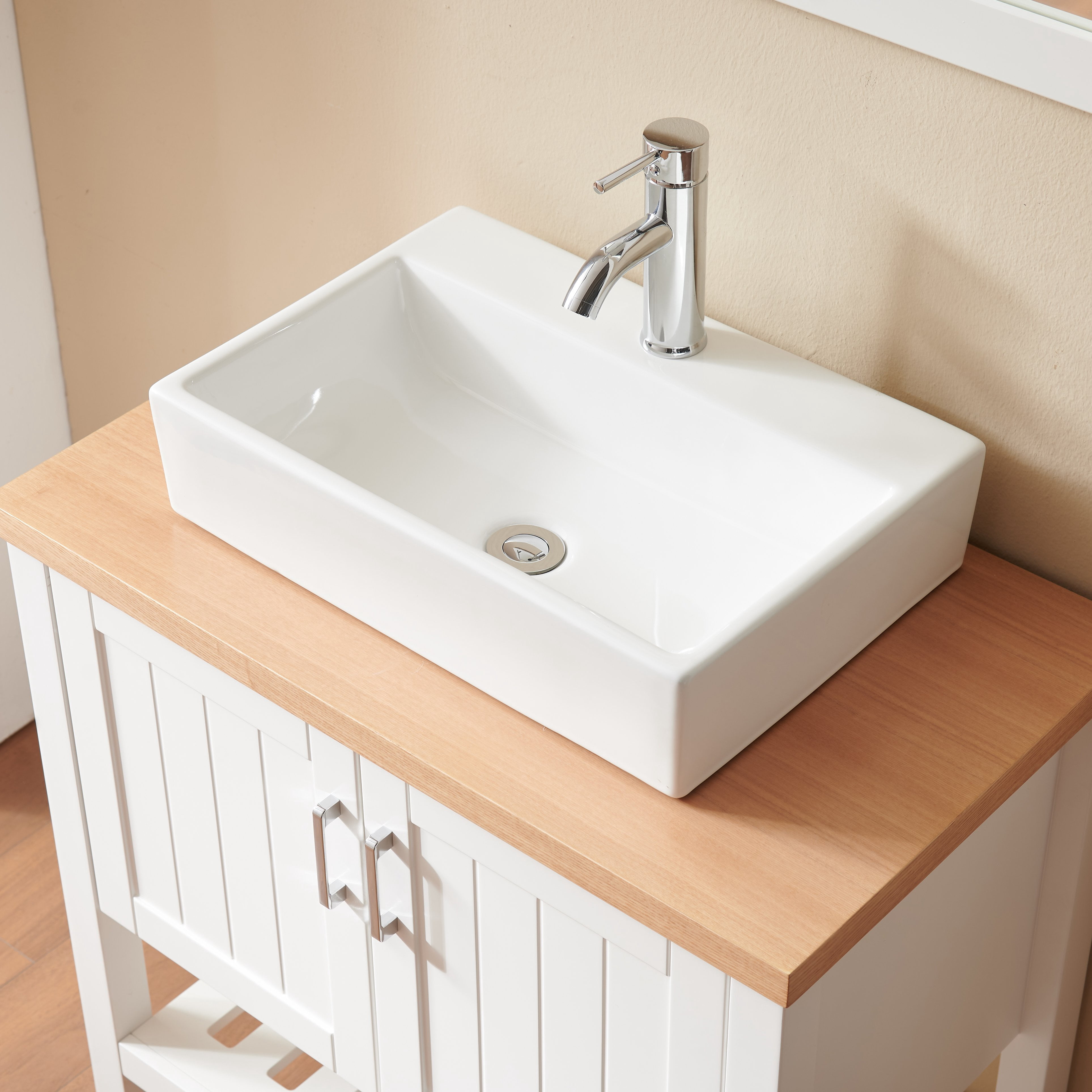 FFZ 32" Bathroom Vanity with Sink, Solid Wood Cabinet with Doors & Open Shelf, White+Natural