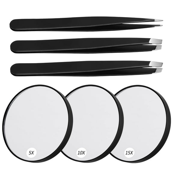 AOWOO 6 Pcs Magnifying Mirror and Eyebrow Tweezers Kit, 5X 10X 15X Portable Bathroom Makeup Mirror Suction Cups, Small Hand-held Makeup Mirror for Travel Set
