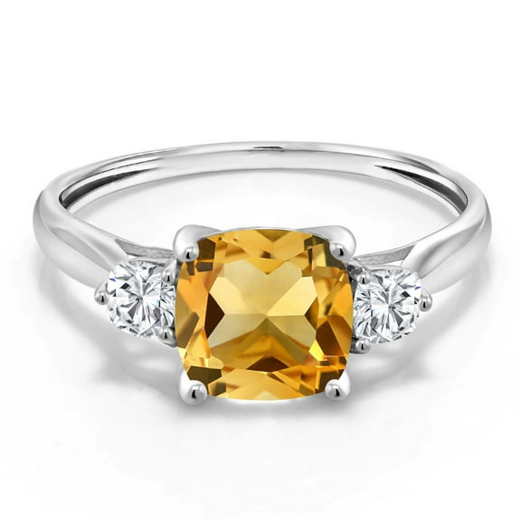 Gem Stone King 10K White Gold Yellow Citrine and White Moissanite 3 Stone Engagement Ring for Women | 1.66 Cttw, Cushion 7MM | Three Stone Wedding Anniversary Promise Ring for Women (Size 8)