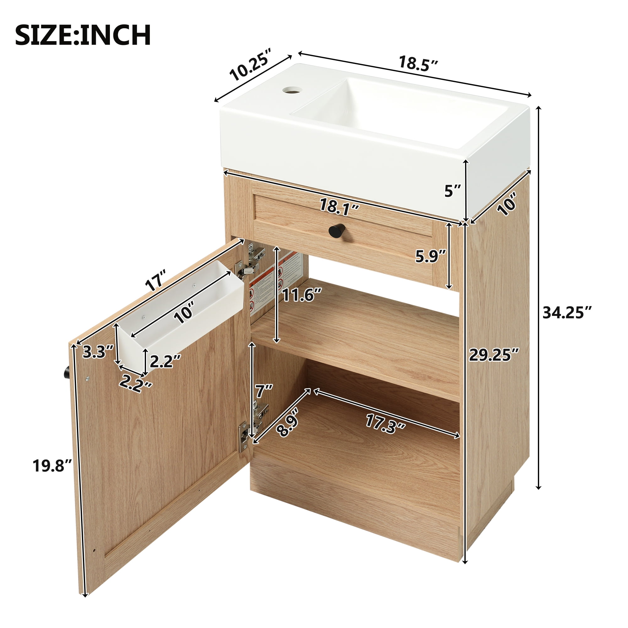 Rustic Bathroom Vanity with Reversible Resin Sink, Adjustable Shelf and Zinc Handles, 18.5" Wood Grain Melamine