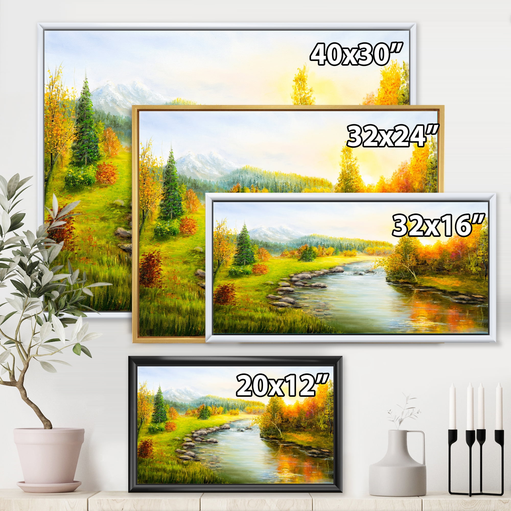 Designart 'Autumn Landscape With Forest River and Mountains' Lake House Framed Canvas Wall Art Print