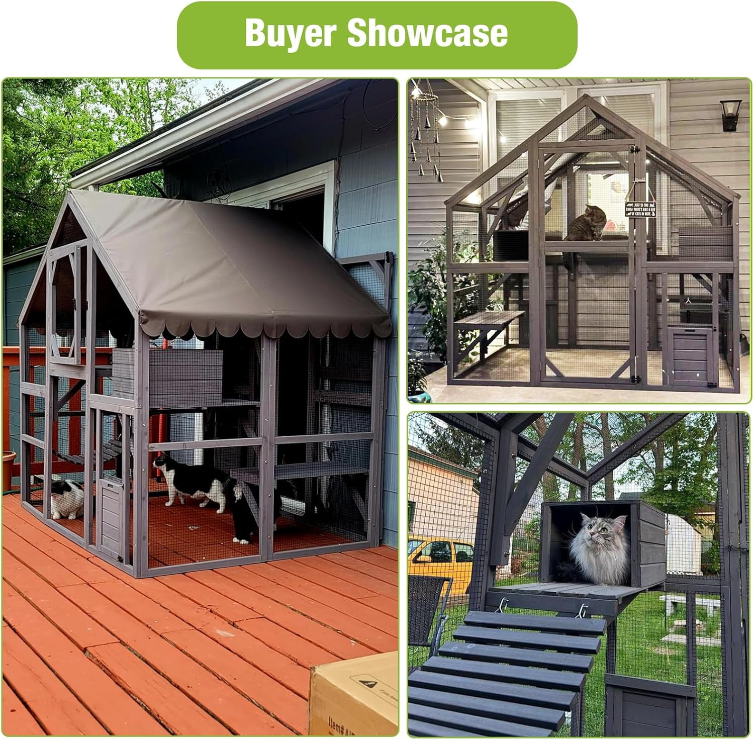 BUTINGLALE Catio Outdoor Cat Enclosures Wooden Cat House with Rest Houses, Platforms, Bridge, and Waterproof UV Cover - 55" D
