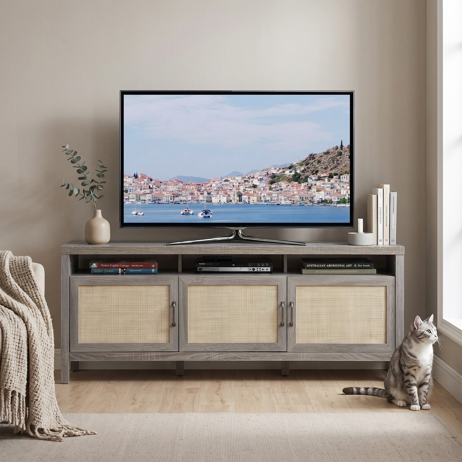 Furnibear Universal TV Stand Entertainment Media Center Console with Rattan Cabinets and Open Shelf for TVs up to 65 Inch, Living Room Bedroom Storage Furniture, Gray