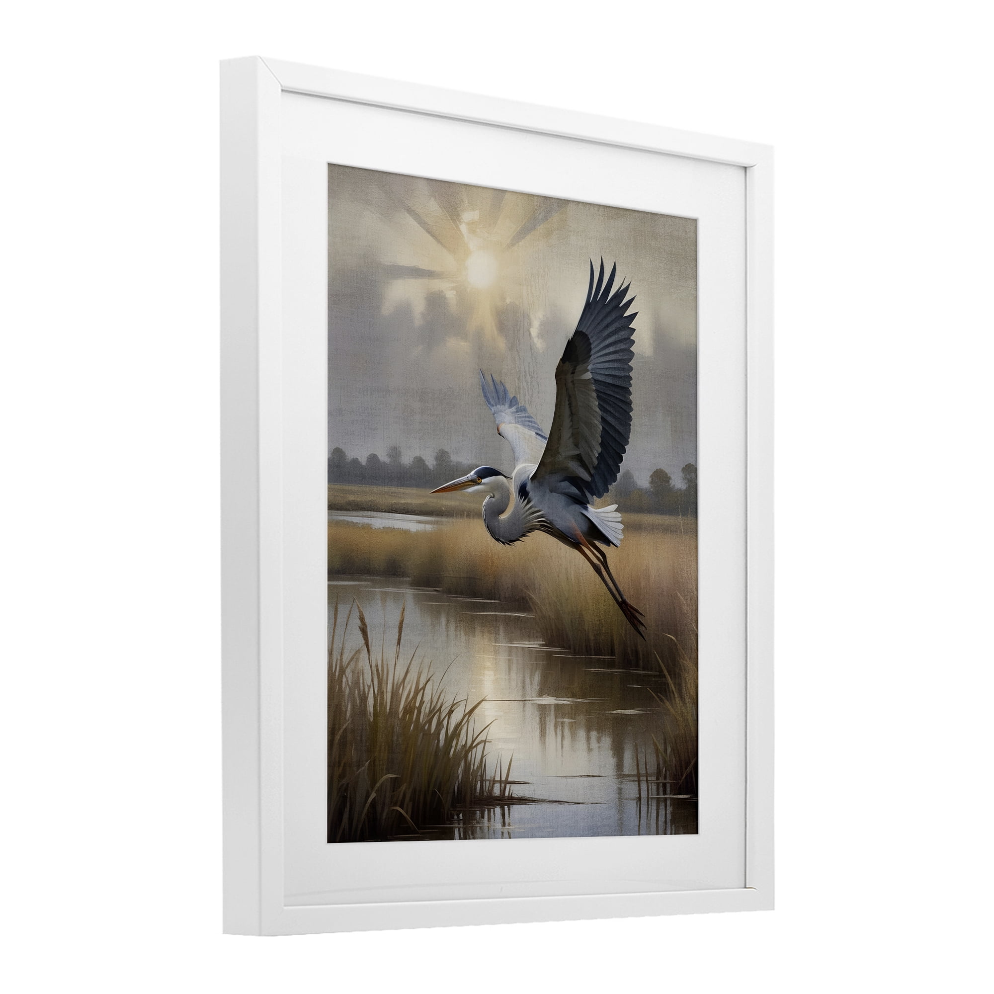 Stupell Industries Heron Flight over Wetlands White Framed Print Under Glass, design by Susan Arnot