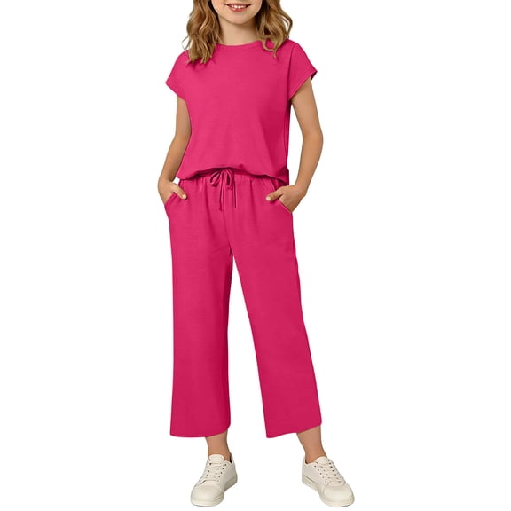 Maean Girl's 2 Piece Set Cap Short Sleeve Tops and Wide Leg Pants Sweatpant with Pockets Summer Outfits