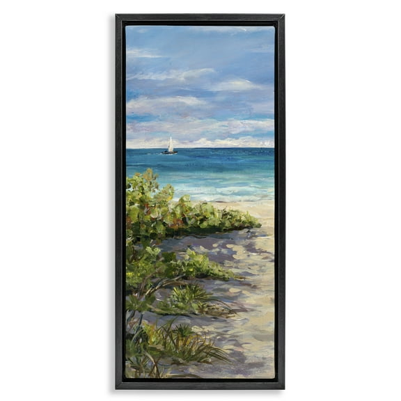 Stupell Industries Grassy Beach Shore Landscape Painting Black Floater Framed Canvas Art Print Wall Art, 11 x 25