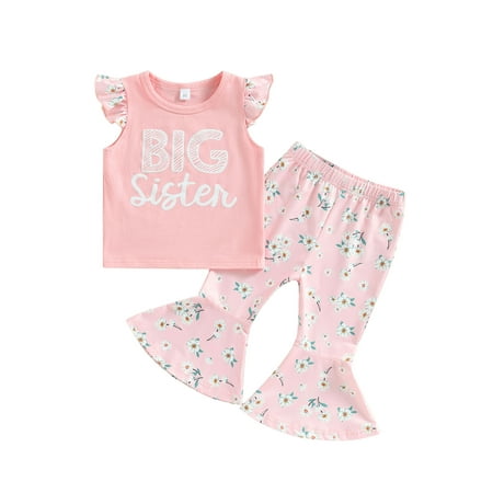 

Qtinghua Big Sister Toddler Baby Girls Summer Outfits Fly Sleeve Print Tops+Floral Flared Pants Set