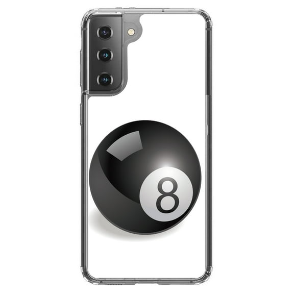 DistinctInk Clear Shockproof Hybrid Case for Galaxy S21 5G (6.2" Screen) - TPU Bumper, Acrylic Back, Tempered Glass Screen Protector - Black Eight Ball 8