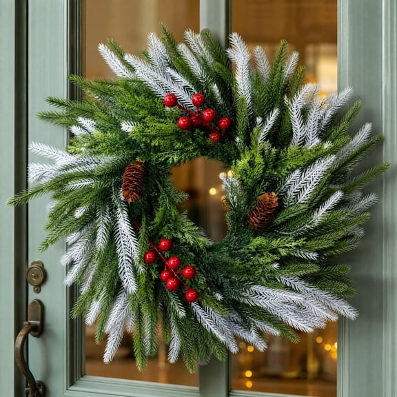 17.71in Christmas Wreath for Front Door, Snow Flocked Artificial Spruce Needles Decorative Wreath with Pines Cones, Farmhouse Hanging Decor for Winter Indoor Outdoor Window Walls Ccwuwei