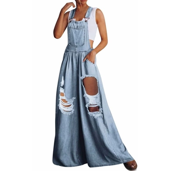 utcoco Women's Casual Loose Denim Overalls Adjustable Strap Wide Leg Bib Jean Overalls Jumpsuit with Pockets