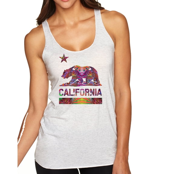 Wild Bobby, California Republic Bear Logo Retro Mandala Mosaic | Womens Fashion Premium Tri-Blend Racerback Tank Top, Heather White, Small