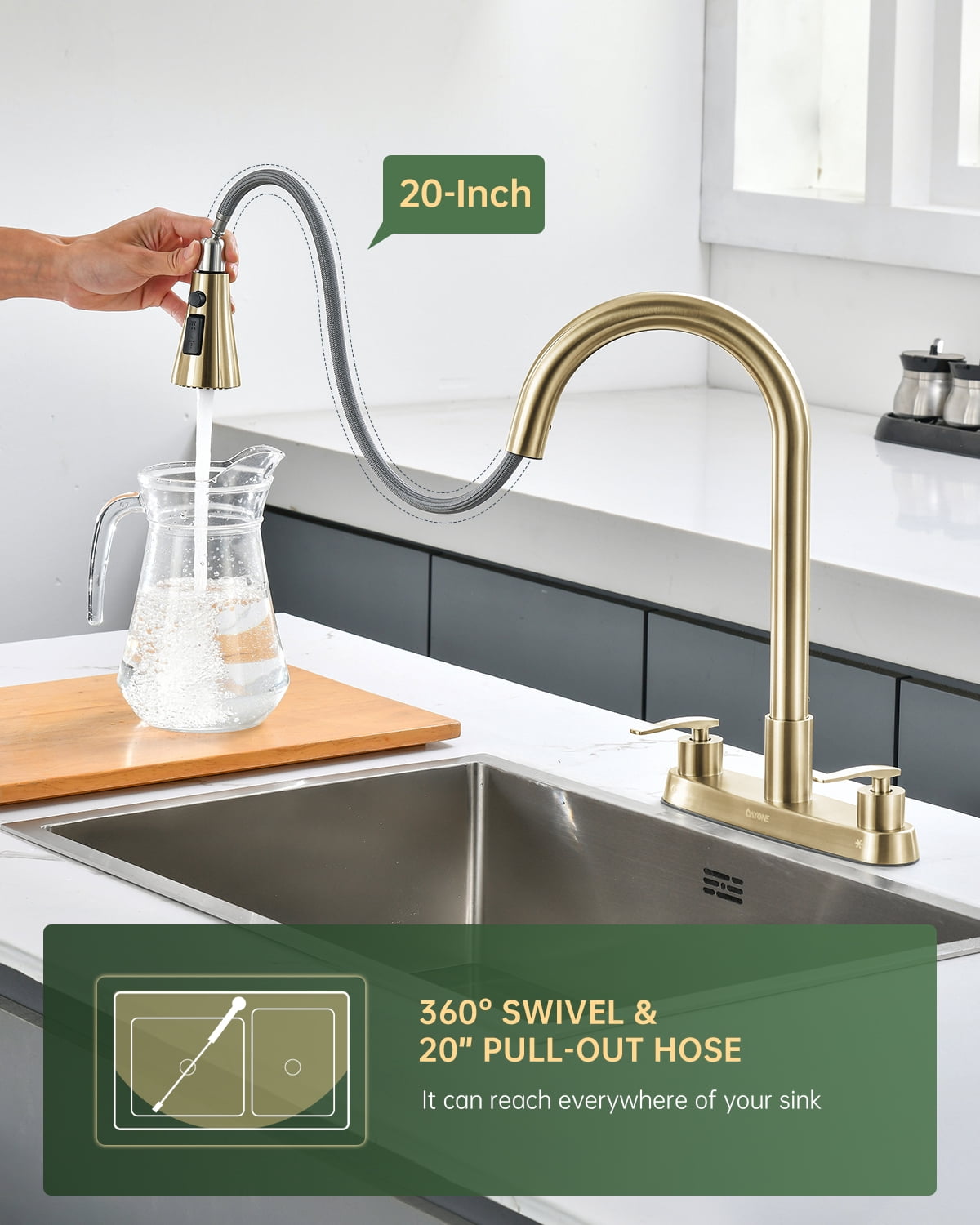 DAYONE Brushed Gold 2 Handle Kitchen Faucet with Pull Down Sprayer, 4 Holes Sink Faucets for Kitchen/RV with Soap Dispenser Stainless Steel