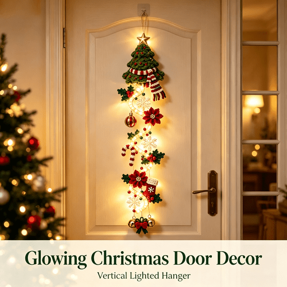 Ktlvex Glowing Christmas Christmas tree Door Hanger, Warm Lighted Rustic Quilted Fabric Wreath, Hanging Holiday Ornament for Front Door Wall Home Christmas Decor