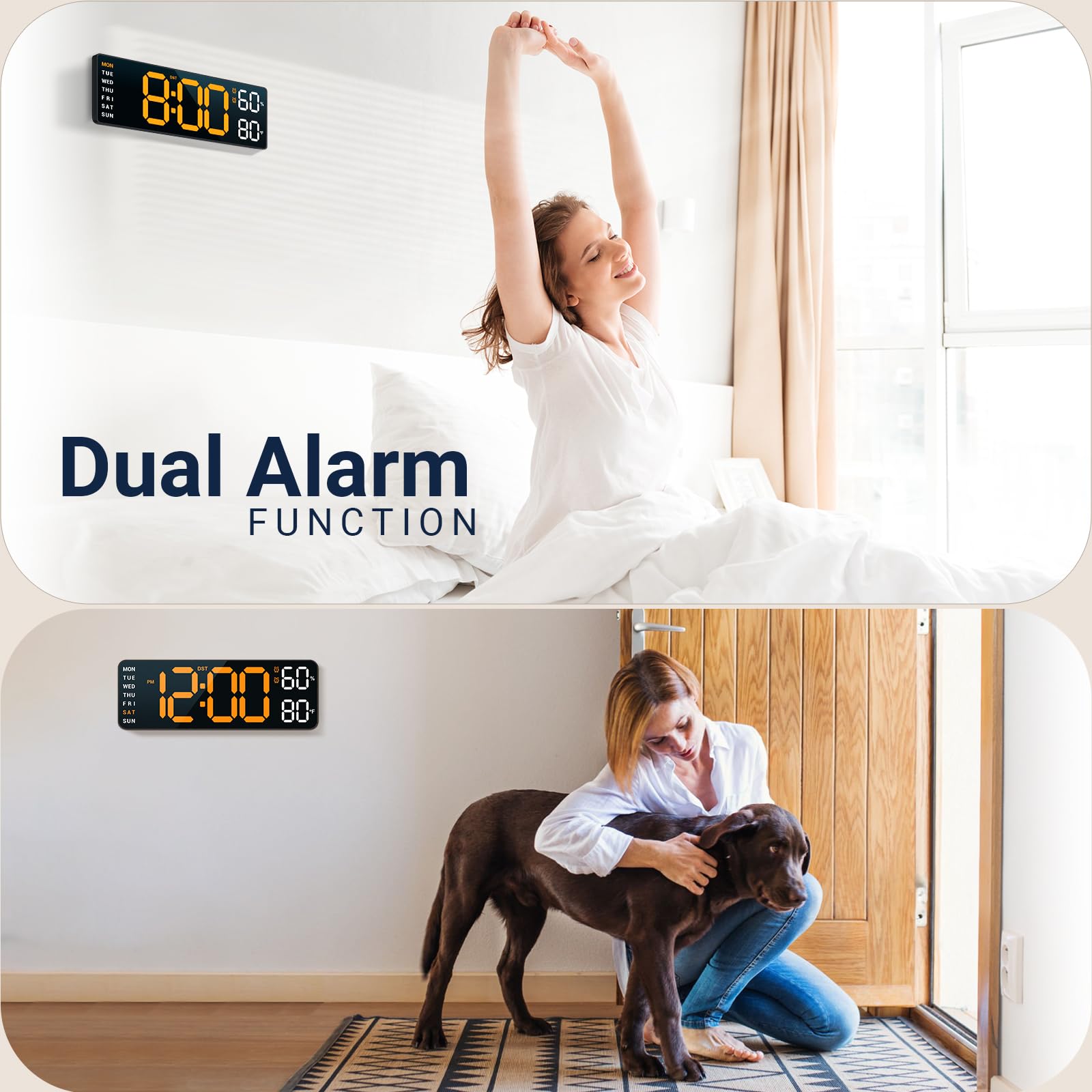 10" Digital Wall Mount Clock: Dual Alarm Wall Mount Clock with Big Led and Functions for Living Room Bedroom Office Desk Decor - Housewarming Gifts Home Wall Decor, Orange