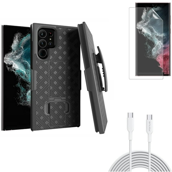Matte Screen Protector & 6ft Long Type-C Cable & Case Belt Clip for Samsung Galaxy S22 Ultra (6.8") - Combo TPU Film Anti-Glare Anti-Fingerprint & PD Fast Charger Cord Power Wire & Holster Swivel