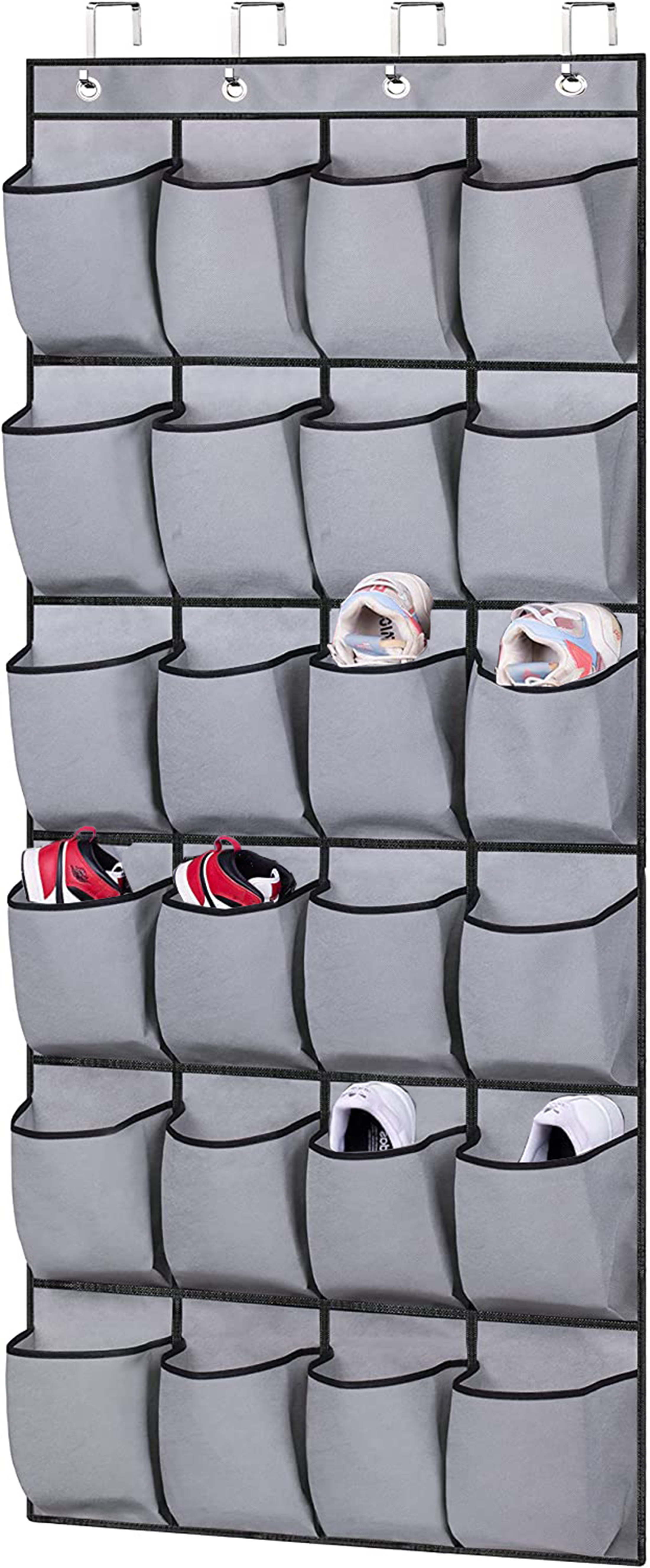 MISSLO Over The Door Shoe Organizer 24 Fabric Pockets Large Hanging Shoe Rack Hanger Holder for Closet Storage with 4 Over Door Hooks, Gray