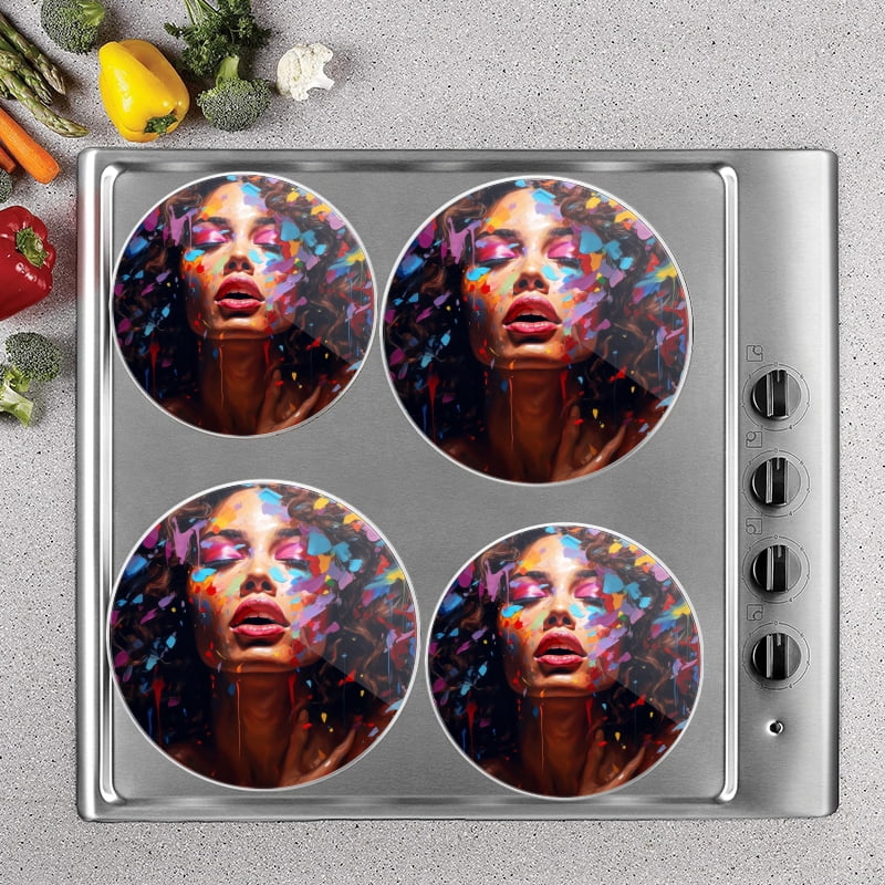 BaHomeck Electric Stove Burner Covers Set of 4,Round Metal Gas Stove Burner Covers 8 Inch and 10 Inch,Kitchen Decor,Beautiful Woman With Brown Skin And Curly Hair