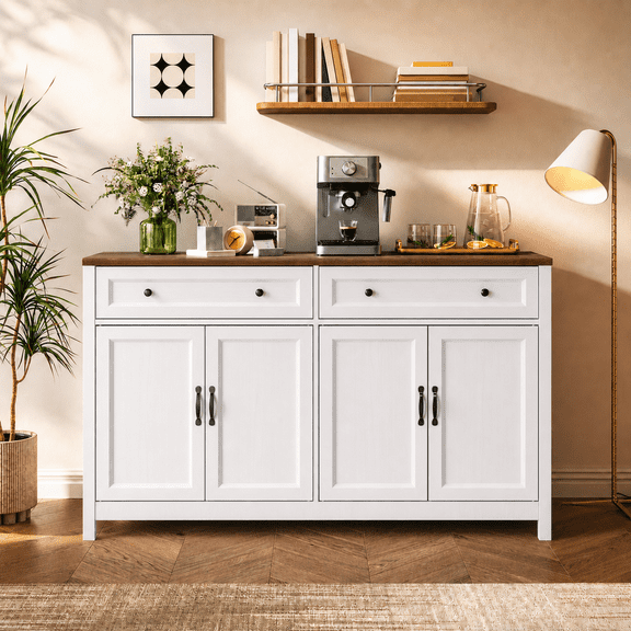Multipurpose Buffet Cabinet with 4 Doors 2 Drawer, Layered Open Shelf Design, Ideal for Kitchen Bathroom Living Room Storage, Naturel Wood
