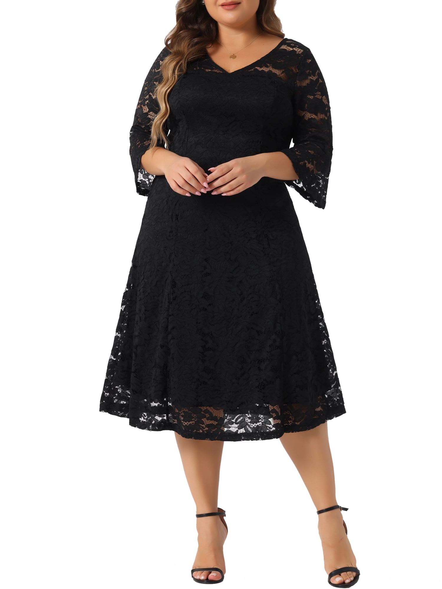DARING DIVA Plus Size Lace V-Neck 3/4 Sleeve Midi Evening Dress 3X Black