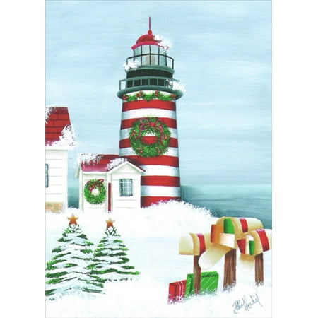 Mail Carrier Christmas Cards LPG Greetings Striped Lighthouse and Mailboxes Debby Forshey Choma Coastal Christmas Card ()