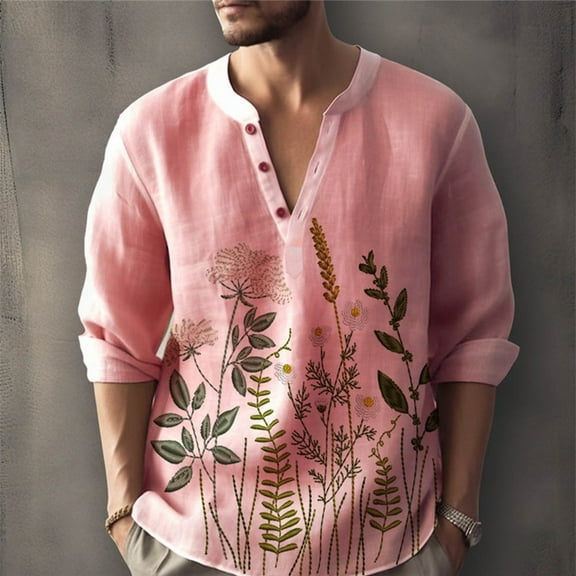 CENL Men Print Long Sleeve Button Down Henley V Neck Shirt Tops Blouse Dress Shirt