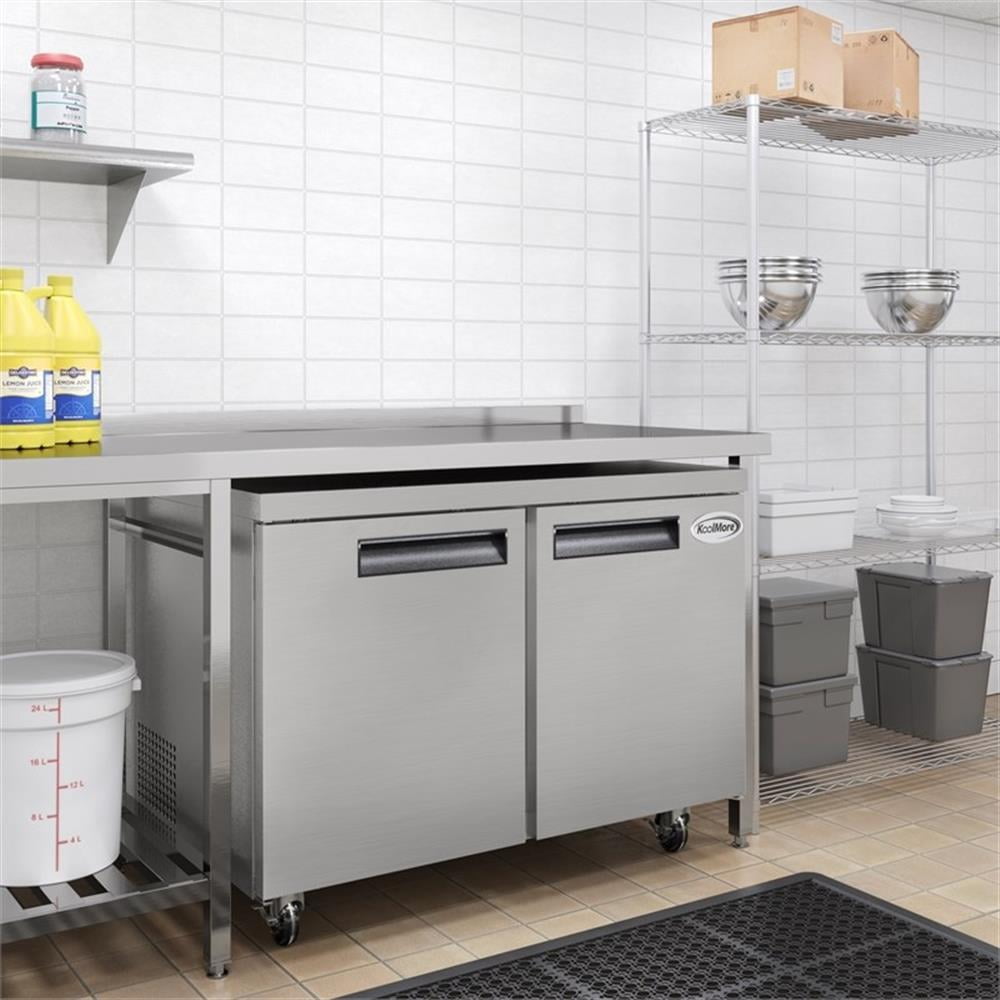 Pemberly Row 48" Two-Door Commercial Undercounter Freezer with Casters in Silver
